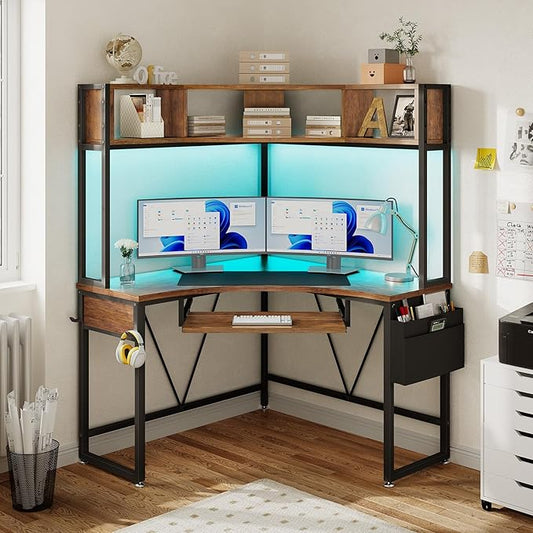 SEDETA Corner Desk, 39" W x 62" H Small Office Desk with Hutch & LED Lights, Triangle Gaming Computer Desk with Keyboard Tray, Storage Bag, and Headphone Hook for Small Space, Rustic Brown