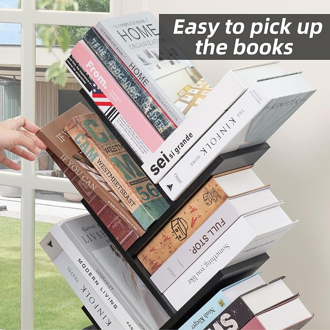 SHEEPAM 10 Tier Tree Book Shelf, Floor Standing Wood Bookshelf for Narrow Space, Storage Organizer Bookshelves for Books/CDs/Magazine, Bookcase with Shelves for Home Office, Living Room - Black