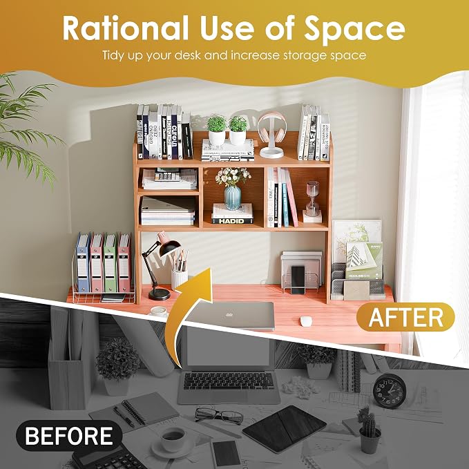 SUPER DEAL Desktop Bookshelf, Countertop Storage Hutch with 4 Shelves for Computer Desk, 2-Tier Display Rack, Multipurpose Wood Desk Hutch Storage Organizer for Home Office Dorm, Natural