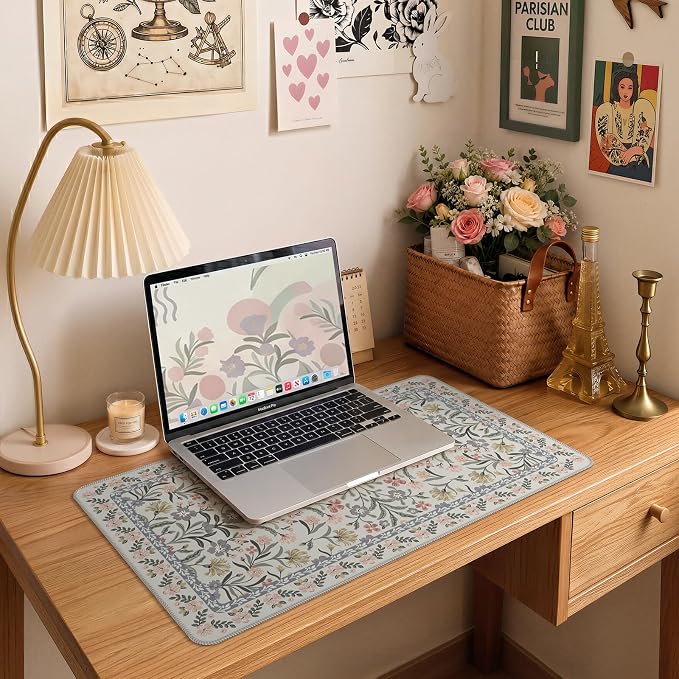 iCasso Aesthetic Flower Mouse pad for Laptop, Desk Pad Mat, Desk Matt for Desktop 13.7"x23.6", Anti-Slip Mousepad with Stitched Edges for Laptop Computer Keyboard(Gray Floral)