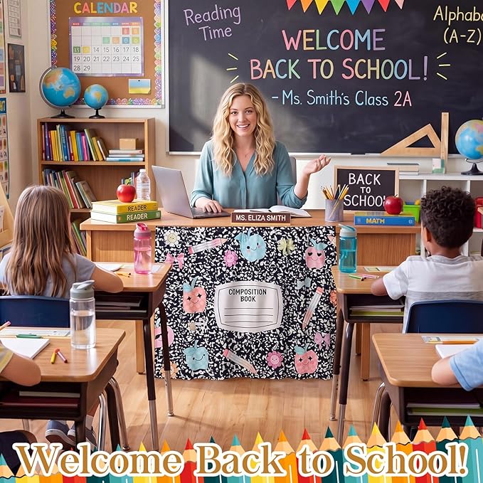 VitalCozy Composition Notebook Table Skirt for Classroom Teacher 35" W X 35" L Desk Skirts Teacher Appreciation Week Back to School Gifts for Kindergarten Classroom Office Bookcase Decoration