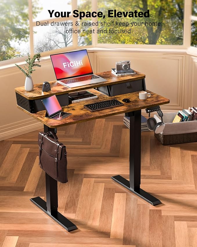 FiCiHi 40x24 Inch Standing Desk with Drawers, C-Clamp Mount Compatible, Electric Adjustable Height Computer Small Stand Up Desks, Home Office Sit Stand Table with 3 Preset Heights, Rustic Brown