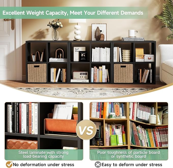 IRONMIX Metal Cube Storage Organizer with 4 Storage Basket, Short Bookshelf with Storage, 2 Tier Black Bookshelf Cube Shelf, Short Bookcase for Home Office Library (Black, 700+1037 with Basket)
