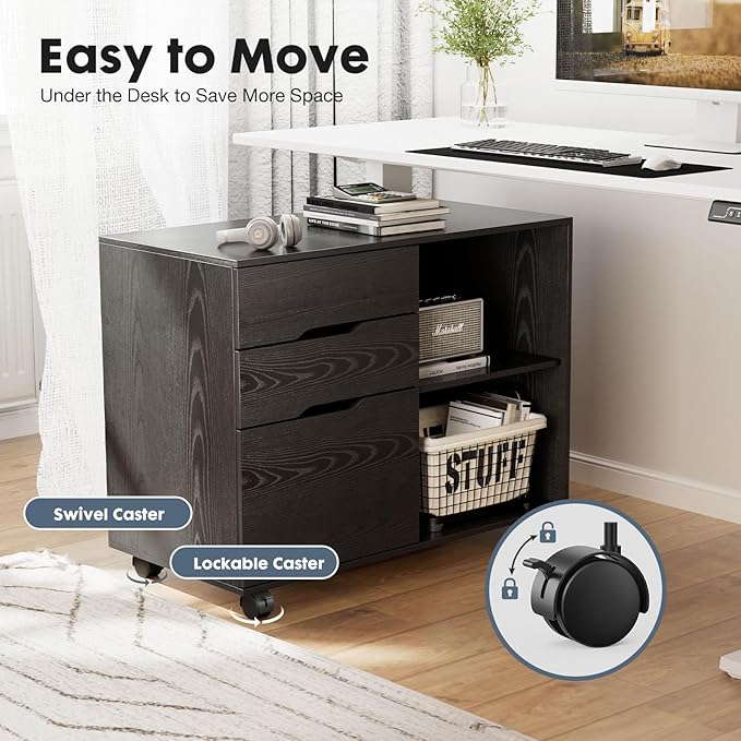 DUMOS Wood File Cabinet with 3 Drawers, Rolling Printer Stand | Under Desk Storage Organizer Home Office Space with Shelves for Files and Office Supplies, Rust