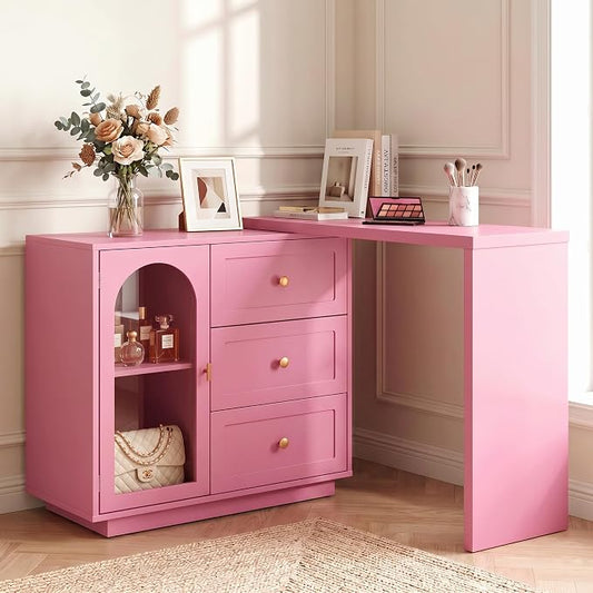 FansaFurn 59" L-Shaped Vanity Table with 3 Drawers & 1 Door, Extendable Makeup Vanity Desk, Modern Dressing Table for Bedroom, Dressing Room, Pink