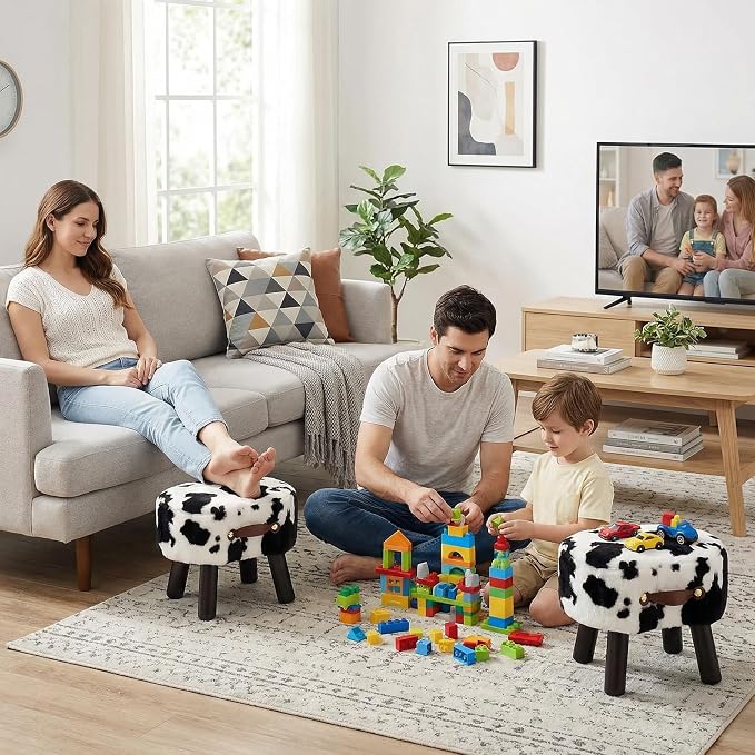 Foot Stools Small, Cow Ottomon with Handle, Velvet Footrest | Curved Foot Stool with Padded Seat Wooden Legs, Portable Foot Rest for Living Room, Bedroom, Entryway (Cow)