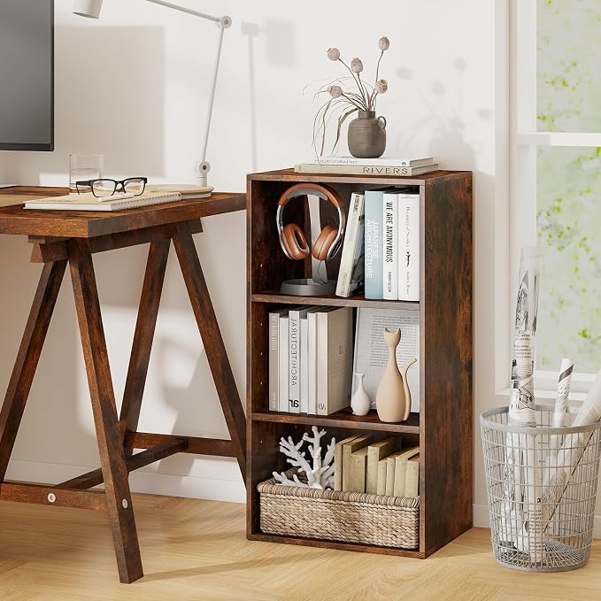 3 Shelf Bookshelf, 31.5” Small Bookcase with 2 Adjustable Shelves, Wooden Bookshelves and Bookcases, Modern Display Shelf, 3 Cube Storage Organizer for Home Office Bedroom (Brown)