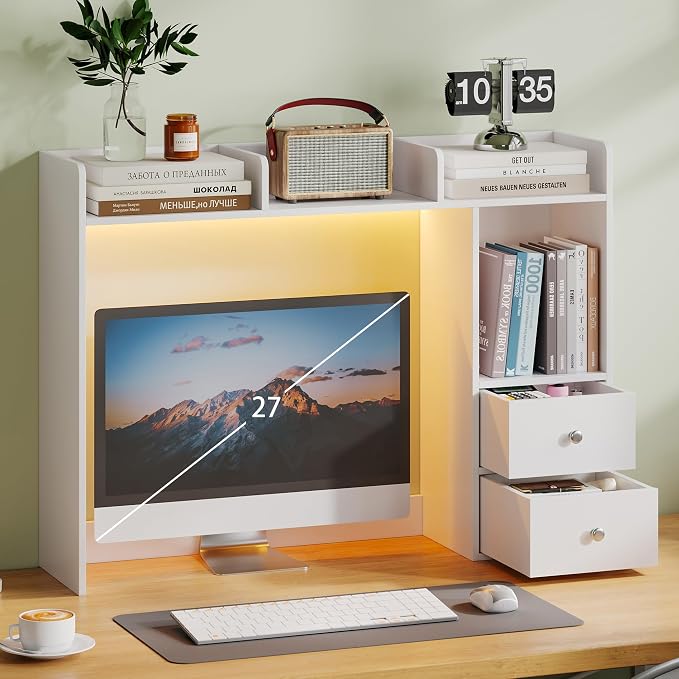 ChooChoo Desktop Bookshelf with LED Lights, 36.6" Dorm Desk Hutch with 4 Shelves and 2 Drawers, Fits 27" Monitor, Desk Organizer Shelf for Dorm Office Home, White