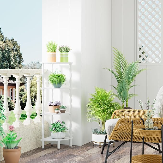 IBUYKE 4-Tier Corner Shelf,Stylish Corner Bookshelf for Small Spaces,Industrial Corner Storage Display Shelves,Small Corner Table for Bedroom,Bathroom,Kitchen, White WBC019W