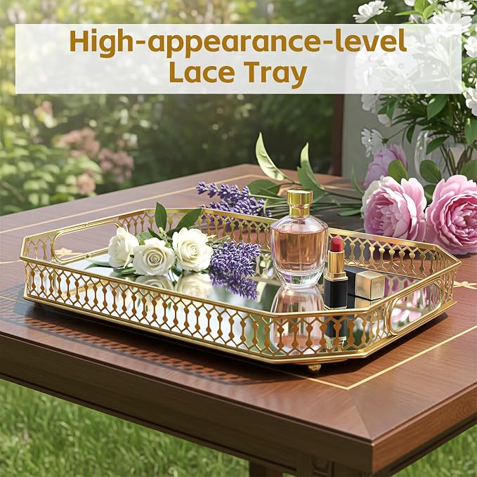 Durable Decorative Organizer for Dresser, Bedroom, Bathroom Countertops - Spacious with Handle in Your Desk Space Scratch-Resistant - Gold(Large)