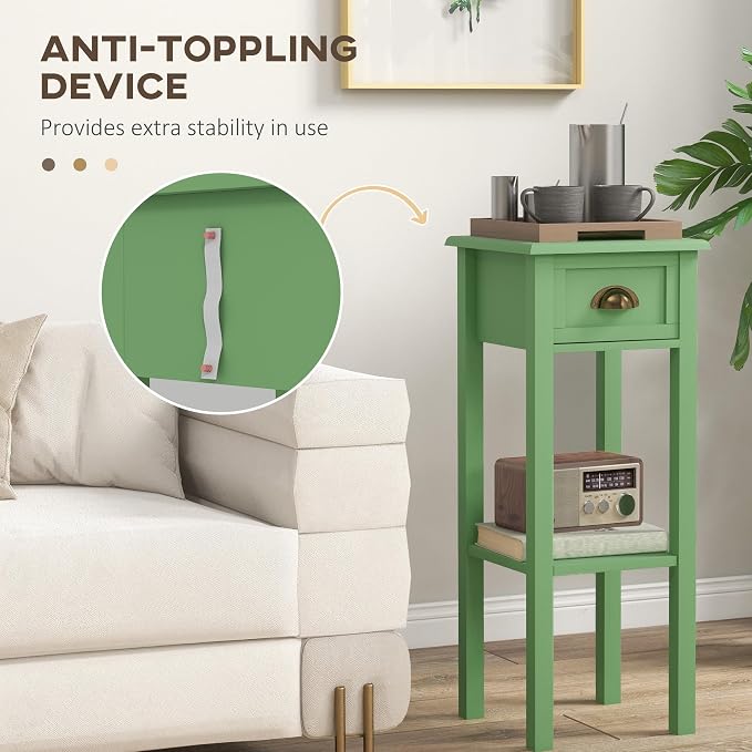 HOMCOM Narrow End Table with Drawer and Bottom Shelf, Slim Side Table for Small Spaces, Skinny Modern Accent Desk for Living Room, Set of 1, Green
