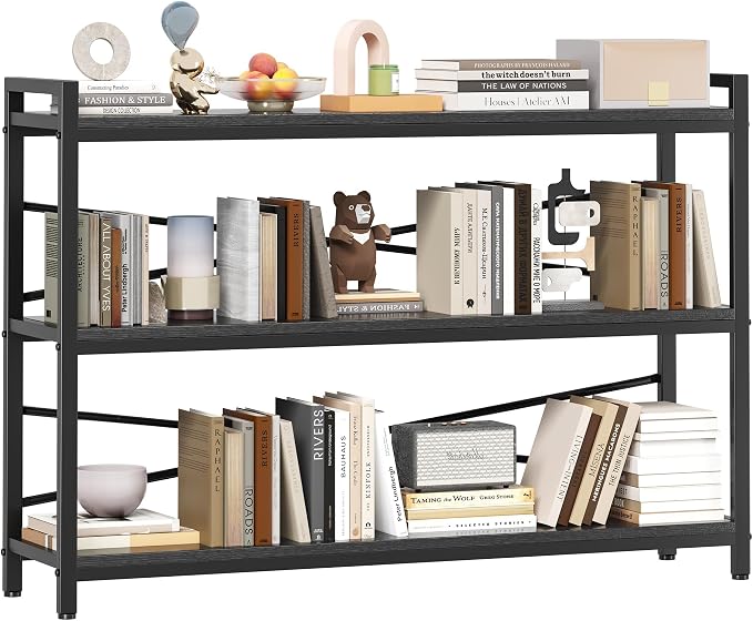 3 Tier Bookcase 47.24" Width, Long Industrial Book Shelf, Vintage Wooden Large Book Shelf for Home Living Room Bedroom Office Storage(Black)