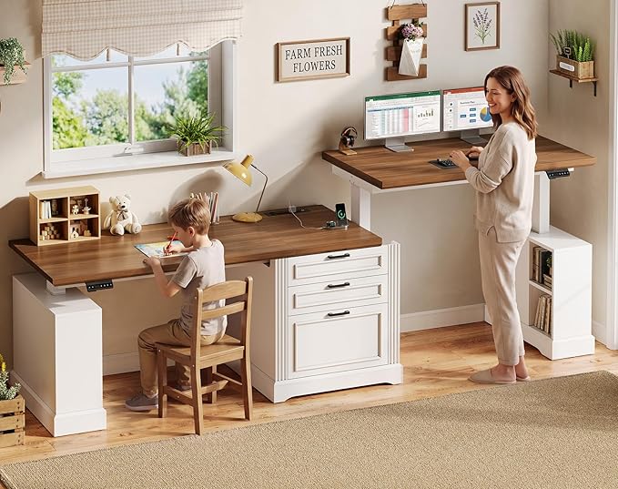 SEDETA Standing Two Person Desk, 98.4'' Farmhouse Long Computer Desk with 3 Drawers, Storage Cabinet, Electric Height Adjustable 2 Person Desk with Power Outlets for Home Office, White+Brown