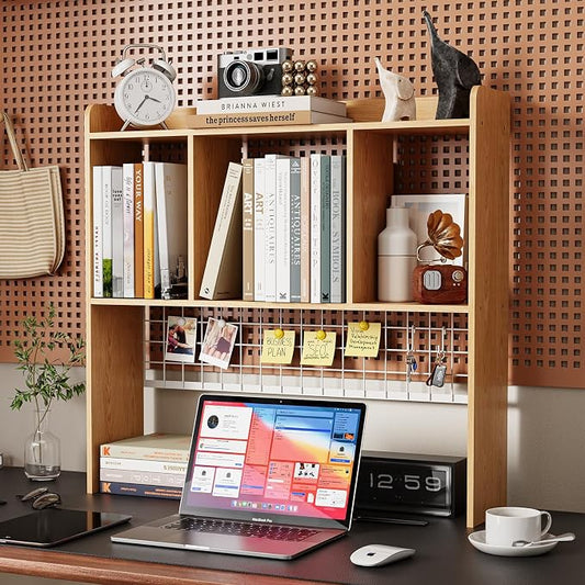 Desktop Bookshelf,Countertop Storage Hutch with 3 Shelves for Computer Desk，2-Tier Display Rack with Grid Panel, Multipurpose Wood Desk Hutch Storage Organizer for Home Office Dorm (Natural)