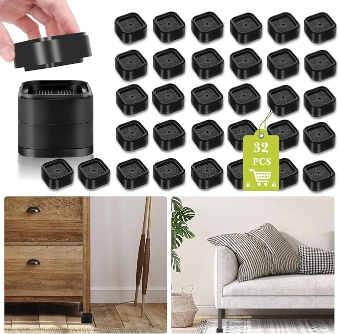 32 Pack Furniture Risers 1, 2 or 3 Inch, Adjustable Bed Risers Heavy Duty For Table Desk Couch Chair Sofa Cabinet Bed Legs Dorm, Square Stackable Bed Raisers Blocks Lift Height 1", 2" or 3", Black