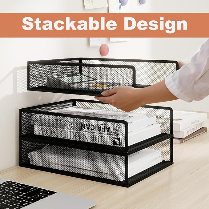 Natwind 3 Tier Stackable Paper Trays for Letter Documents, Desktop File Organizers for Office Supplies, Metal Mesh Desk Organizer,Office Organizer,Letter Trays for Home, Office, School,Black