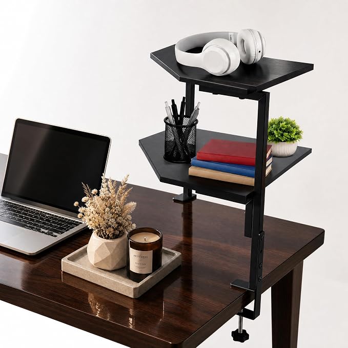 2-Tier Clamp on Desk Shelf Adjustable Desktop Storage Desk Rack | Wood Clamp on Desk Organizer Shelf, Floating Corner Shelf for Desk Accessories and Gaming Devices