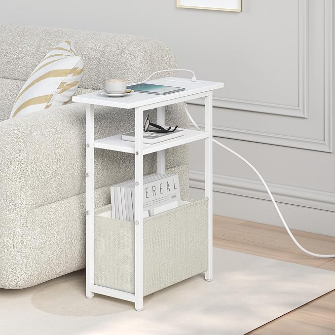sthmec Narrow Side Table with Charging Station, Small End Table for Small Spaces, Skinny Nightstands with Storage Basket, 3 Tier Sofa Couch Bedside Tables for Living Room,Bedroom, White