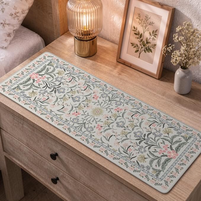 iCasso Aesthetic Floral Desk Mat, L Mouse Pads, Anti-Slip Mousepad with Stitched Edges, Waterproof Computer Pad 11.8"x31.5", Desk Accessories Office Decor for Women(Gray Floral)
