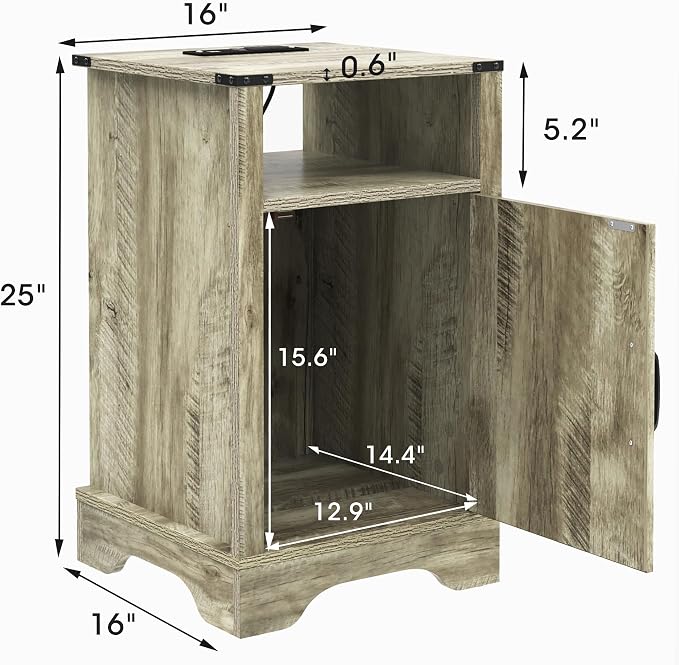 RoyalCraft 25" Tall Nightstand Set of 2, Farmhouse Nightstand with Charging Station, Large End Table with Storage, Wooden Rustic Bedside Table for Bedroom, Light Grey
