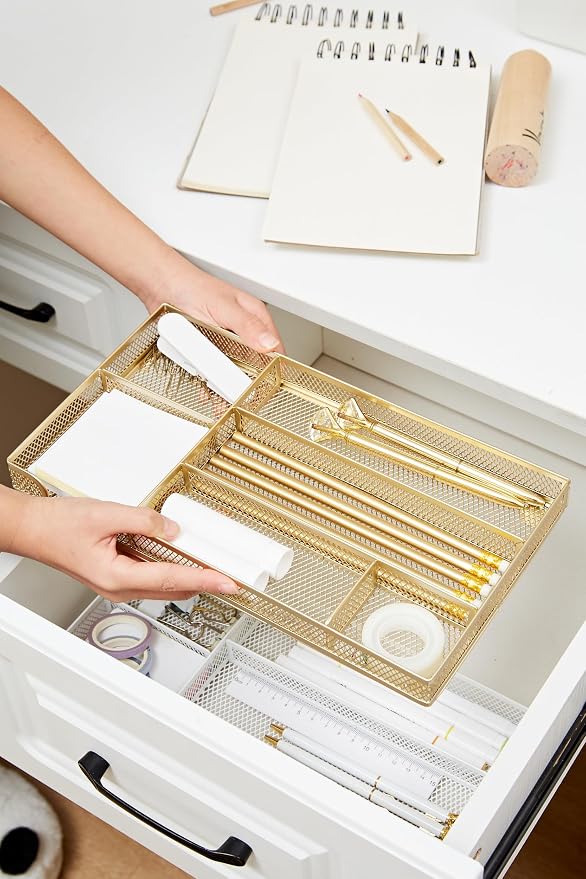 Annova Desk Drawer Organizer Tray for Office Organization - Metal Mesh - Storage Tray with Dividers for Pens, Desktop Accessories, Bathroom, Kitchen, Makeup and Office Supplies (Small, Gold)