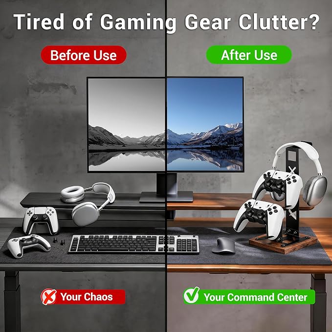 Headset Stand Gaming Controller Holder,Game Controller Stand Headphone Stand with Wood Base, Gaming Equipment Accessories for Desk Dual Organizer Rack Headset Holder for Son, Husband, Boyfriend