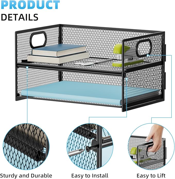 Marbrasse 2 Tier Paper Organizer Letter Tray, Mesh File Organizer with Handle, Paper Sorter Desk Organizer for Home Office Supplies - 2P