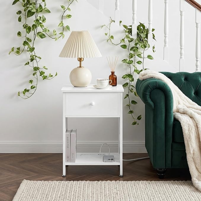VECELO End Table with Charging Station, Night Stand with Drawers, 2-Tier Bedside Tables with USB Ports & Outlets, Side Table with Storage Shelf for Living Room/Bedroom, White