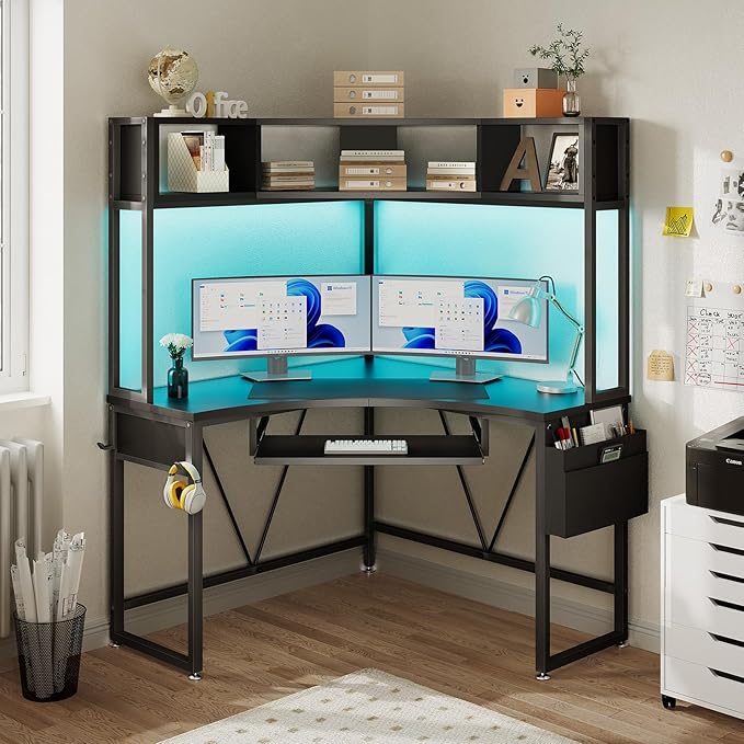 SEDETA Corner Desk, 39" W x 62" H Small Office Desk with Hutch & LED Lights, Triangle Gaming Computer Desk with Keyboard Tray, Storage Bag, and Headphone Hook for Small Space, Black