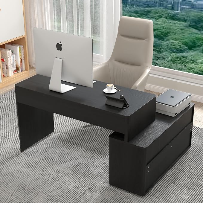 Modern Computer PC Desk Table with Storage, Corner L Shaped Desk with Drawers, Home Office Desk for Bedroom and Small Space, for Writing, Executive, Study, Work, Vanity - Black