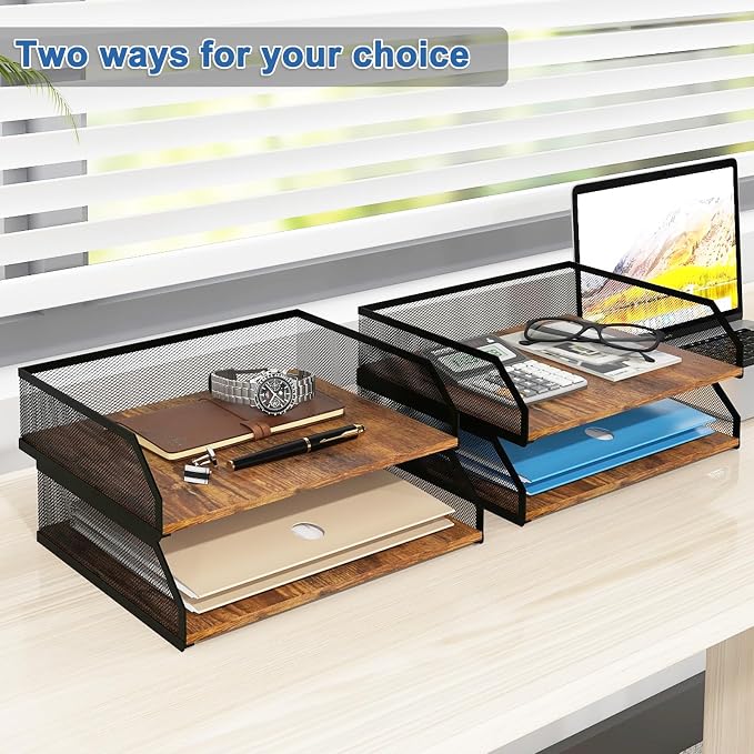 Natwind 2-Tier Stackable Paper Tray, Metal Mesh Desktop Organizer, Paper Sorter, Letter Trays, File Document Storage Rack for Home, Office, School, Retro