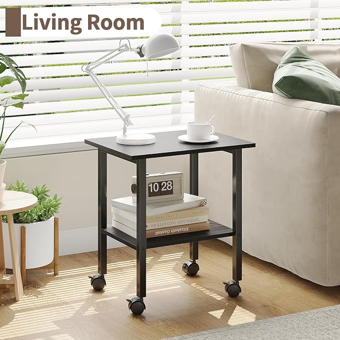 2 Tier Printer Stand with Storage, Under Desk Printer Table, Space-Saving Printer Table with Locking Wheels, Rolling Printer Cart for Home Office, Black