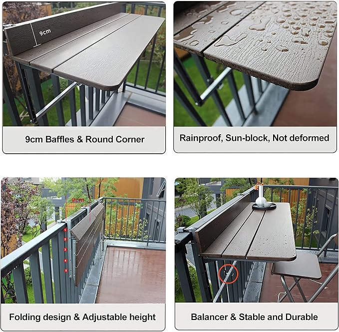 Balcony Bar Table For Railings,balcony Desk,Outdoor Hanging Rail Tables For Deck,Adjustable Height Small Folding Space Saving Serving Desk Countertop Extension Fold Down For Patio,Garden ,Porch ( Colo
