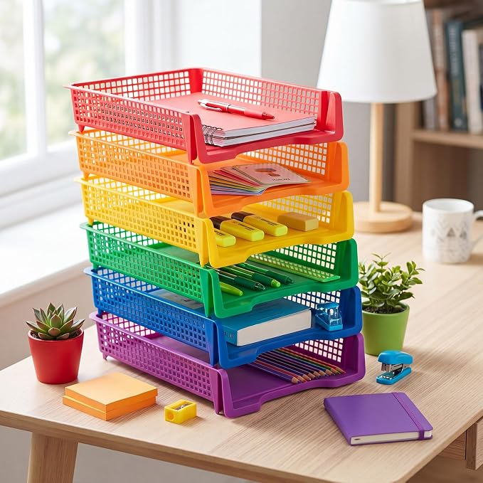 Geetery Set of 12 Plastic Trays for Teachers Turn in Trays Classroom Stackable Paper Tray Plastic Classroom Teachers Desk Letter Organizer Storage Baskets for Office, Desk, Home (Rainbow Color)