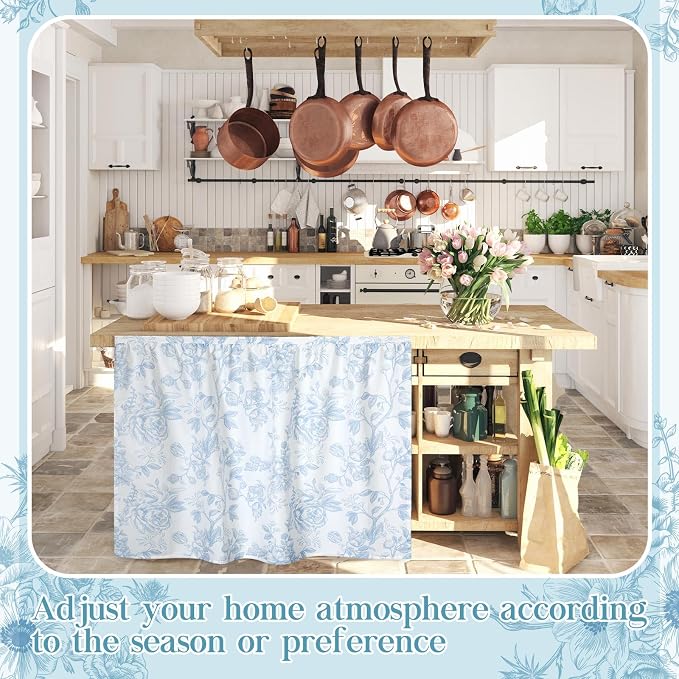 VitalCozy Cabinet Curtains 35" W x 35" L Sink Skirt for Bathroom Kitchen Blue Flower Floral Cabinet Curtains for Classroom Home Farmhouse Rustic Drape Under Desk Privacy Drape for Laundry Room