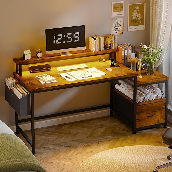 EnHomee 56.5" Office Desk with Drawers and Printer Space,Computer Desk with Power Outlets,Home Office Desks with File Drawers Cabinet,Study and Gaming Desk with Shelves Monitor Stand,Rustic Brown