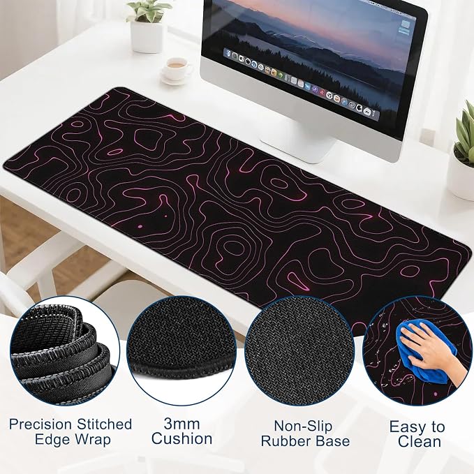 Gaming Desk Mat with Silky Smooth Surface & Exquisite Patterns,31.5x11.8 Inches Large-Sized Mouse Pad, Perfect for Extended Gaming,Work,and Home Office Decor (Red Topographic Lines)