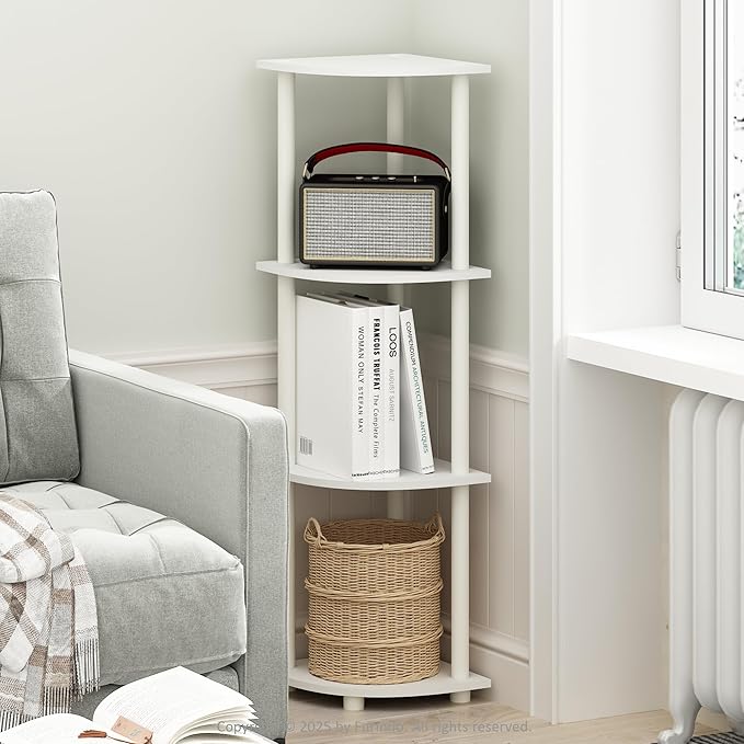 Furinno Turn-N-Tube Corner Shelf, 4-Tier Corner Bookshelf, Display Storage Shelves with Open Shelves, for Organization and Storage, Living Room, Home Office, Garage, White