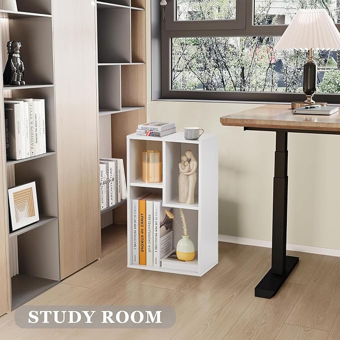 VECELO 11.8" Open Bookshelf, Waterproof Particle Board Asymmetrical Split Cubby Storage Organizer, White Uneven Compartment Display Cube for Tall Books, Bedroom Dorm Office