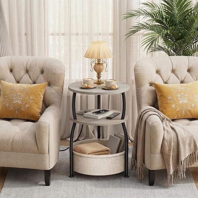 Round Side Table with Power Outlets and Type-C Port, USB Port Small Coffee Table with Basket, Space Saving End Table 3-Tier Bedside Corner Table Stand for Living Room, Bedroom, Garden 15.75in