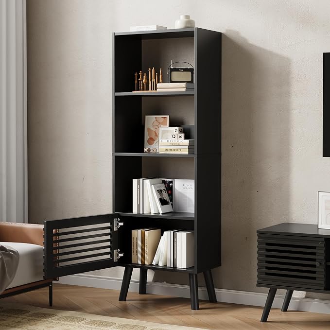 Furnify Small Narrow Corner Bookcase, 55" H Mid Century Modern Bookshelf with Slatted Door, 4 Cube Bookcase with Open Shelf, Display Storage Cabinet for Living Room, Home Office, Black