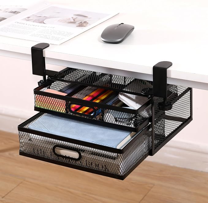 Sliding Under Desk Drawer Organizer No Drilling 2 Drawers Slide Out Desktop Or Under Table Storage Metal Clamp On Desk Drawer Attachment Anti-Slip Small Under Desk Organizer for Home & Office