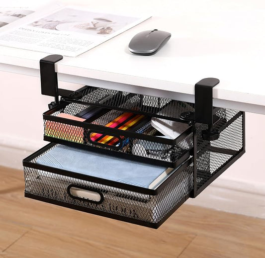 Sliding Under Desk Drawer Organizer No Drilling 2 Drawers Slide Out Desktop Or Under Table Storage Metal Clamp On Desk Drawer Attachment Anti-Slip Small Under Desk Organizer for Home & Office