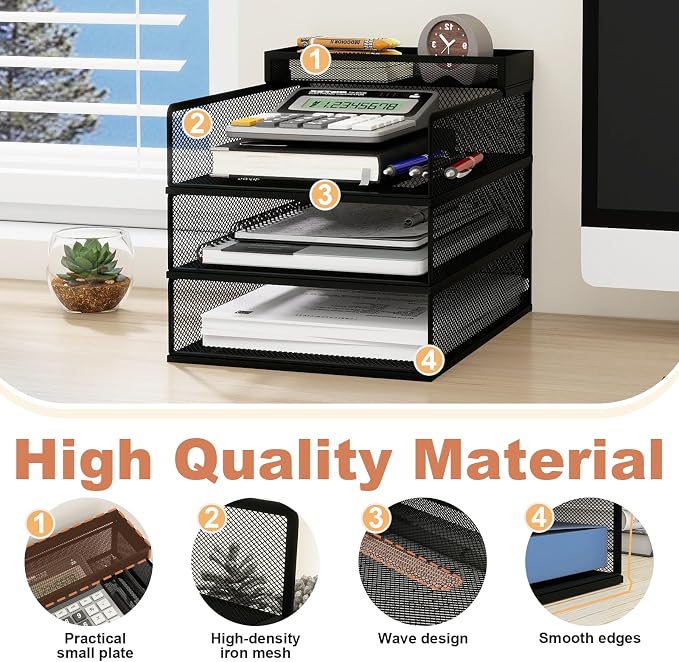 Natwind 3 Tier Stackable Paper Trays for Letter Documents, Desktop File Organizers for Office Supplies, Metal Mesh Desk Organizer,Office Organizer,Letter Trays for Home, Office, School,Black