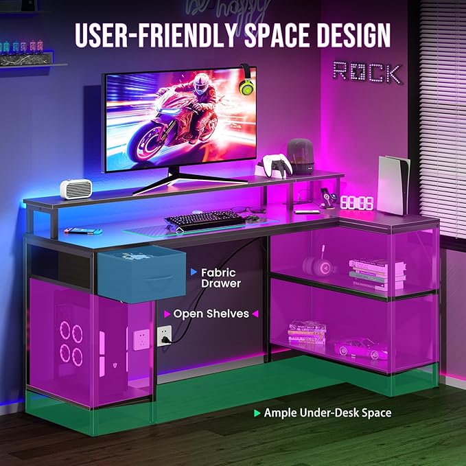 DUMOS 53" Gaming Desk with USB Charging Ports & LED Lights, Reversible L-Shaped Corner Computer Table for Small Spaces, Power Outlets, Monitor Stand & Storage Shelves Included, Modern Black