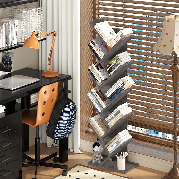 SHEEPAM 10 Tier Tree Book Shelf, Floor Standing Wood Bookshelf for Narrow Space, Storage Organizer Bookshelves for Books/CDs/Magazine, Bookcase with Shelves for Home Office, Living Room - Light Grey