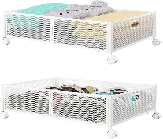 PHINOX Under Bed Storage with wheels, Under the Bed Storage Containers,Upgrade Crossed Iron Wire, Metal Rolling Underbed Storage Containers for Bedroom Clothes Shoes Blankets-2 Pack,White