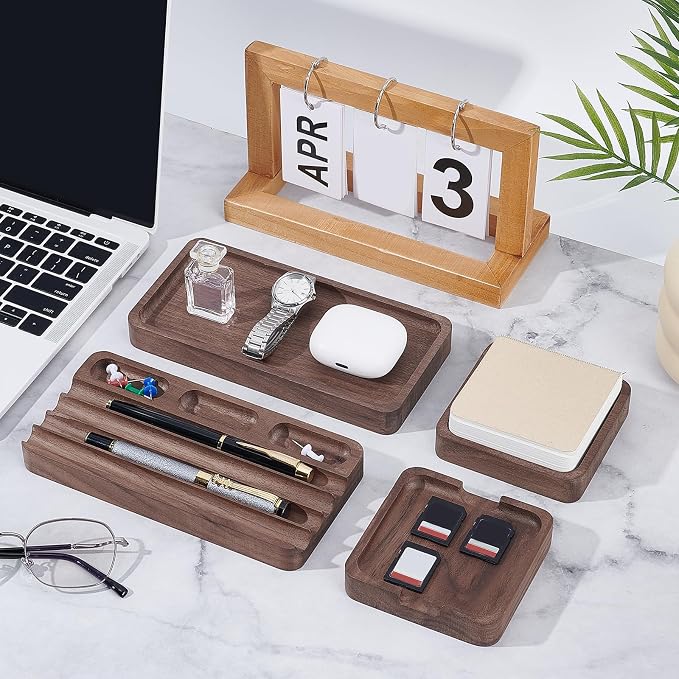 4Pcs Wooden Desk Organizer Tray with Pen Holder, Men Valet Tray | Walnut Wood Pencil Holder Minimalist Desk Accessories, Office Supplies, Stationery Pen Key Wallet Catchall Trays