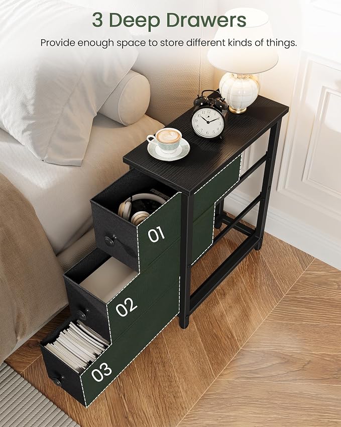 CHOEZON Narrow Side Table with 3 Fabric Drawers, Industrial Slim Bedside Table for Small Spaces, Bedroom, Living Room, Dormitory, Black TBZ09BB