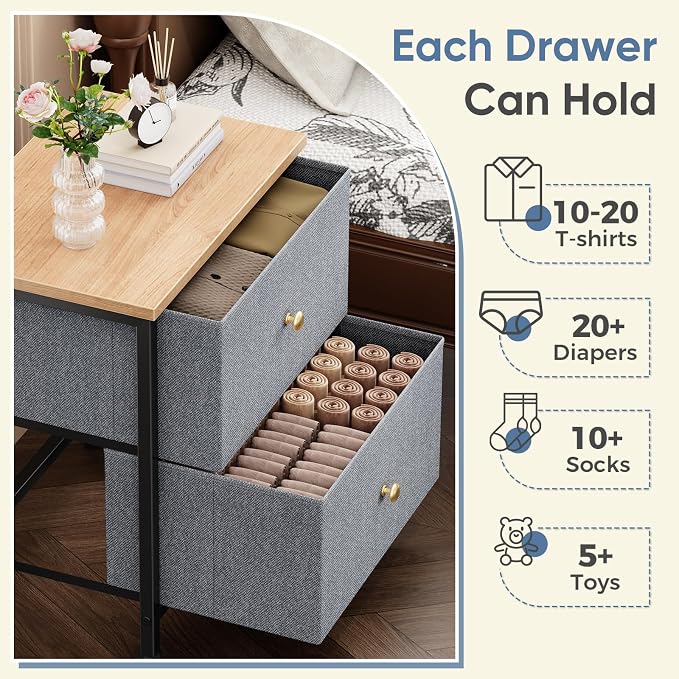 DUMOS Nightstand Set of 2, Bedside Table for Bedroom, Small Dresser | Side/End Table with 2 Fabric Drawers, Storage Cabinet Furniture, 20 Inch Night Stand for Closet, Entryway, Blue 2Pack